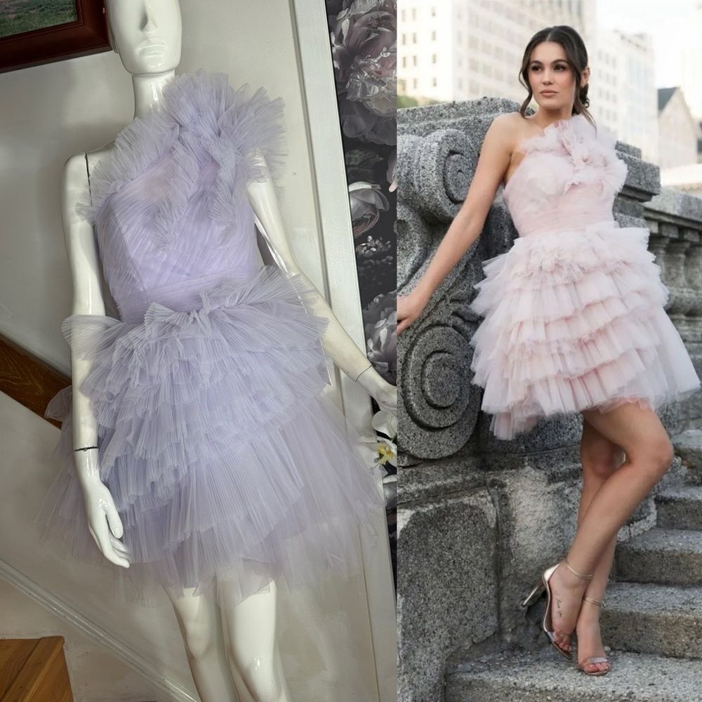 MAC DUGGAL Tulle Ruffle One Shoulder Mini Dress